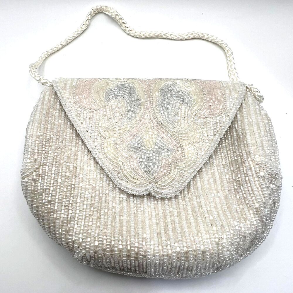 Vintage NOS White Beaded Evening Bag Bridal Purse Iridescent Original Box Glam